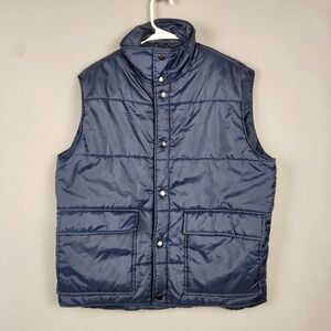 Vintage Mens Store Vest Mens Large Navy Blue Puffer Quilted Snap Front Insulated
